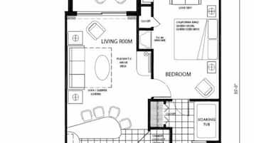 Ein Grundriss eines Hotelzimmers mit Terrasse, Wohnzimmer, Schlafzimmer, Küche und Bad.
