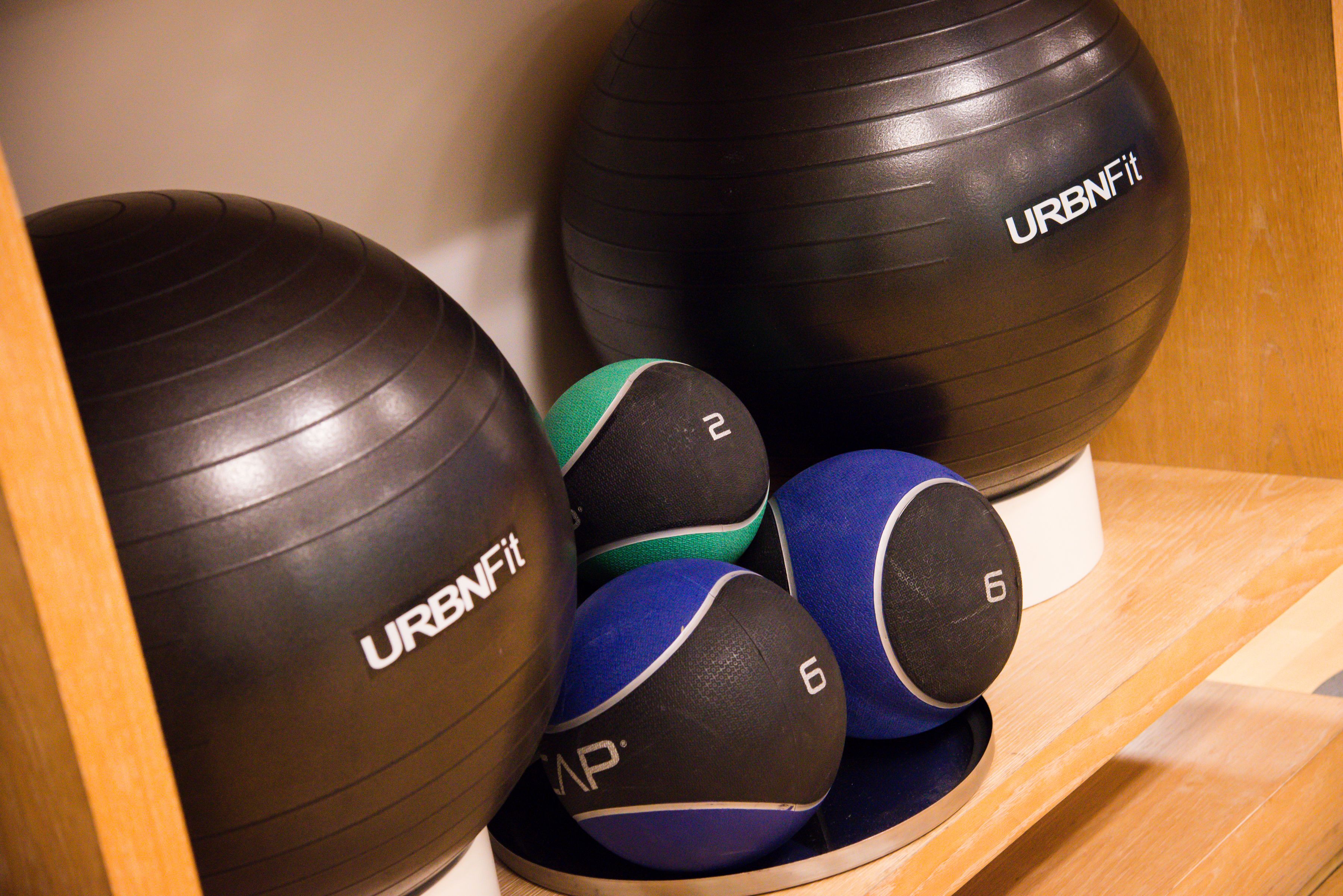 Una colección de pelotas deportivas, incluyendo balones de baloncesto y balones medicinales, dispuestas en un estante.