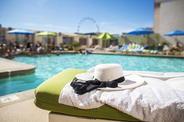 Indoor pool, outdoor pool, pool umbrellas, sun loungers