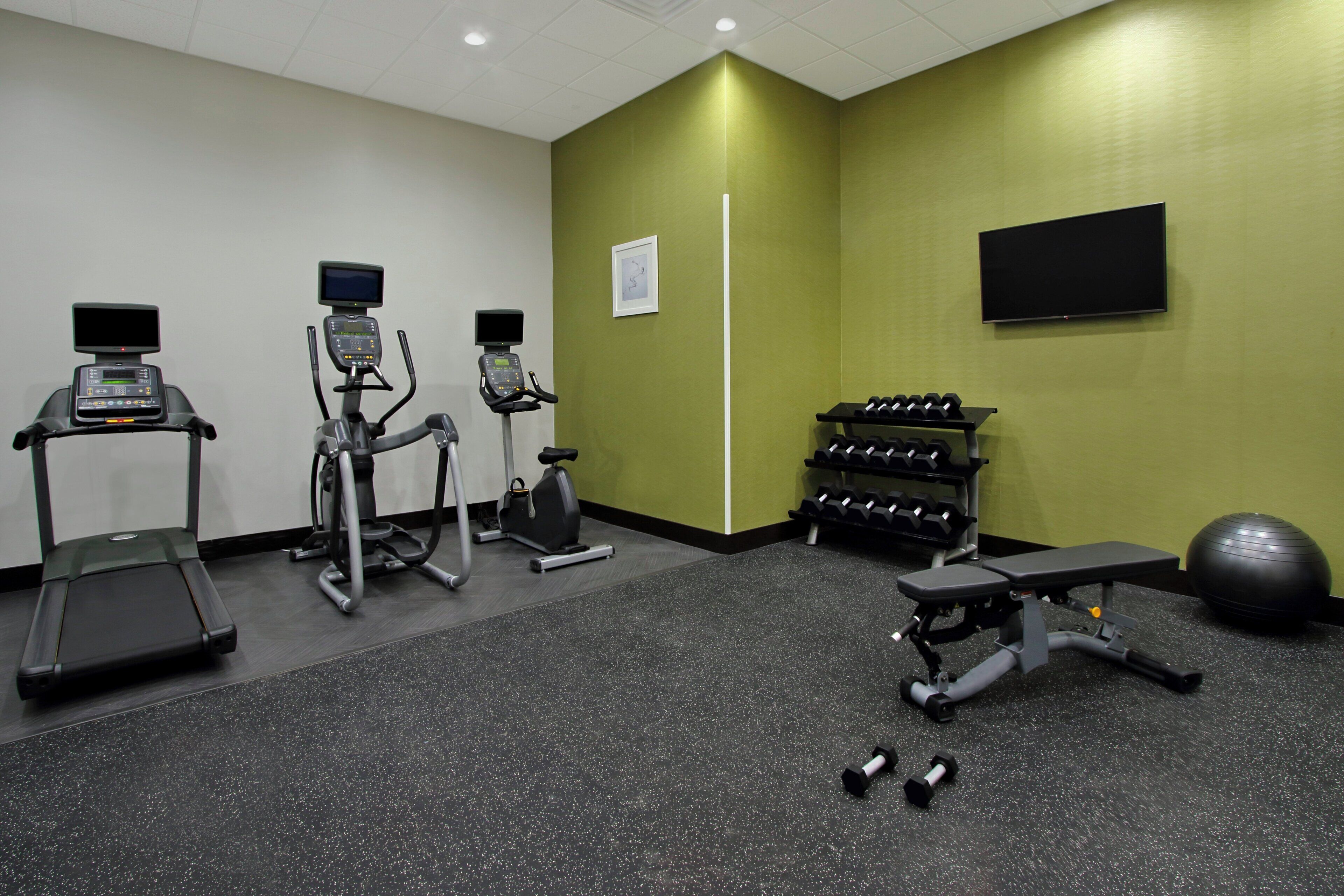 Ein Fitnessraum mit Laufbändern, Crosstrainern, einer Bank, Kurzhanteln und einem Ergometer.