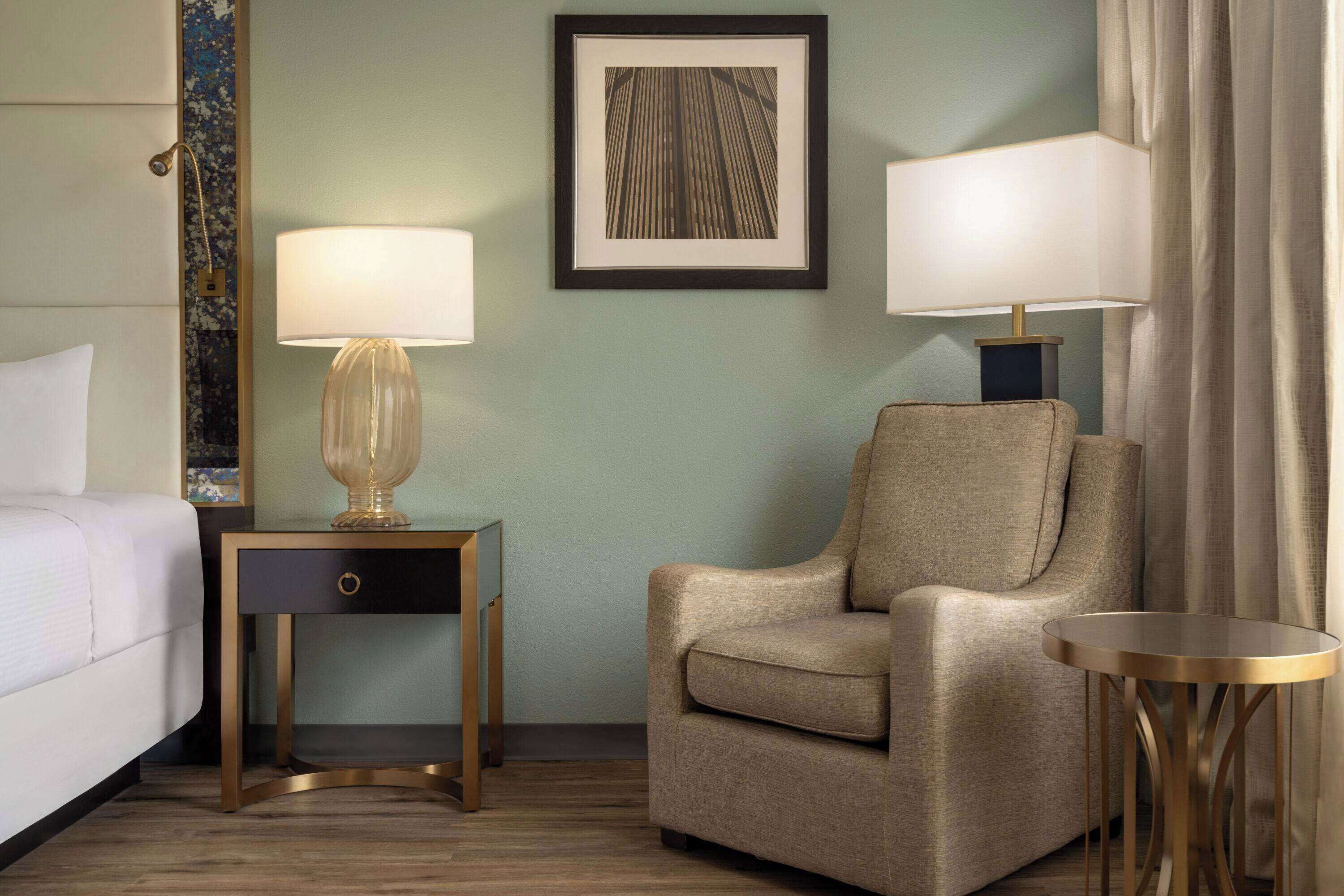 premium bedding, desk, laptop workspace, blackout curtains