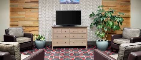 Un hall con una televisión de pantalla plana, un revestimiento de madera, una alfombra estampada y dos sofás.