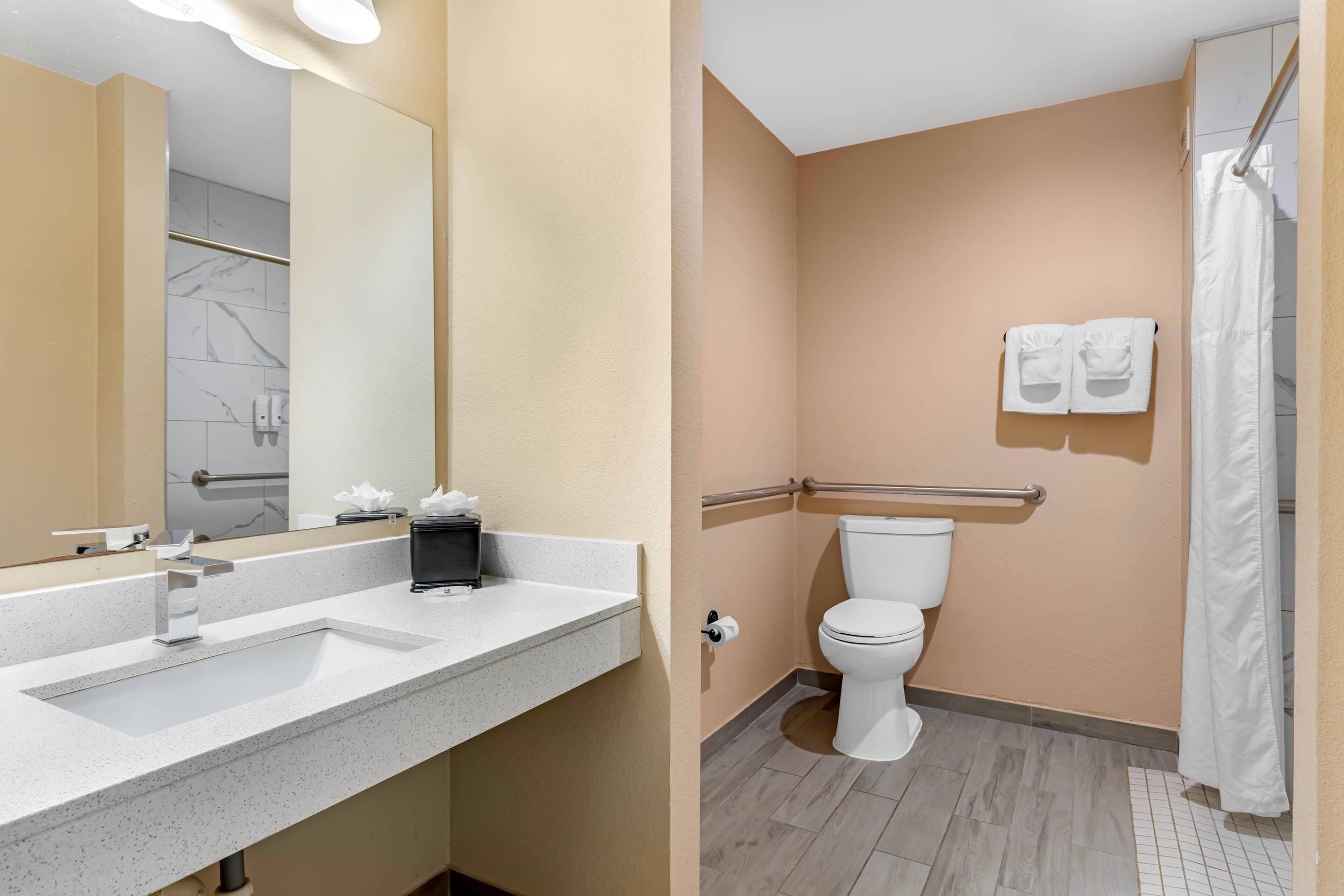 Une salle de bain moderne avec un grand miroir, un lavabo doté d’un distributeur de savon, des toilettes et un rideau de douche.