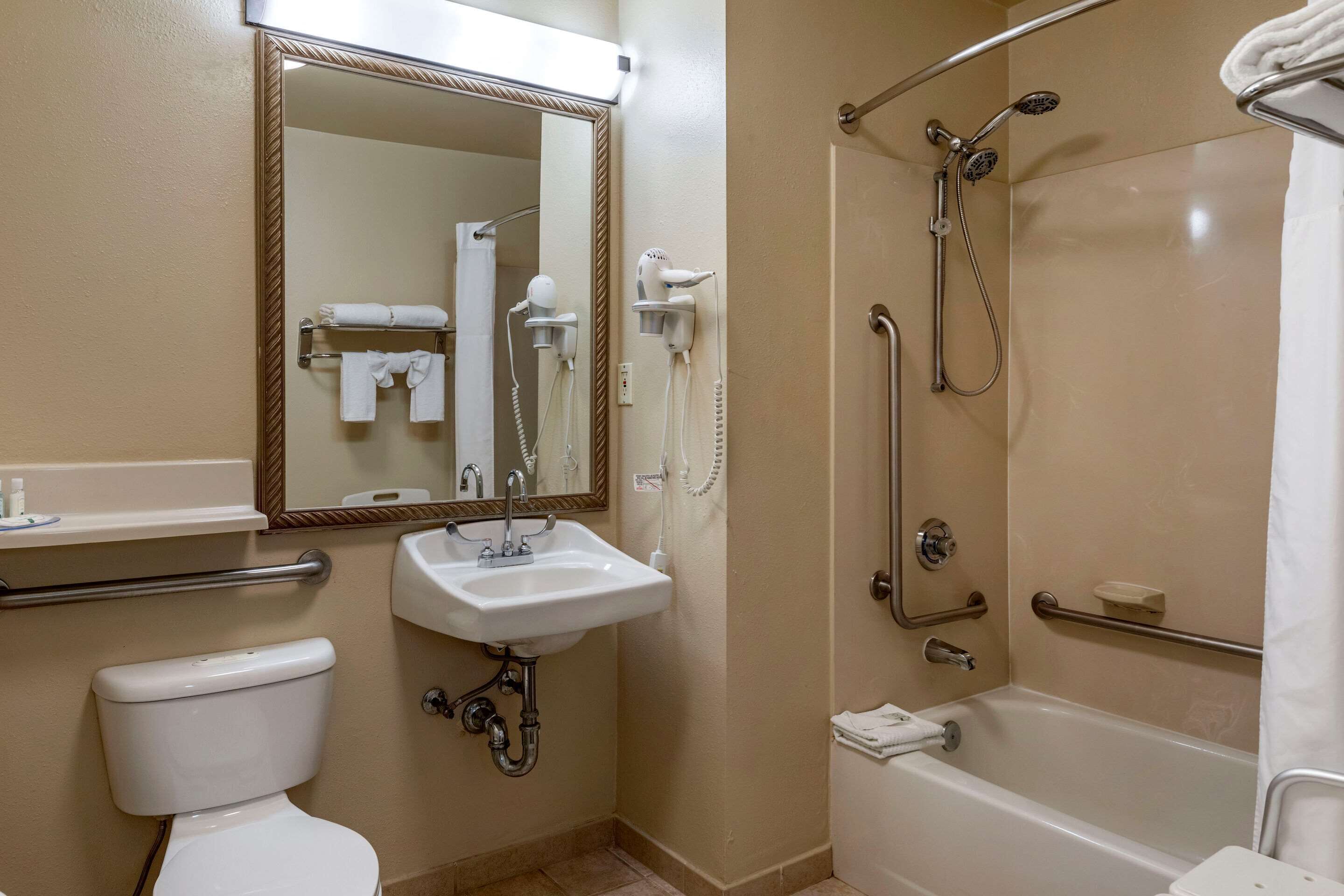 combined shower/bathtub, free toiletries, hair dryer, towels