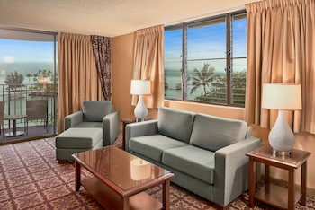 1 Bedroom Oceanfront | Living area | 32-inch flat-screen TV with cable channels, TV at Hilo Hawaiian Hotel, Trademark Collection by Wyndham