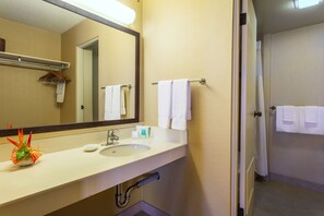 Combined shower/bathtub, eco-friendly toiletries, hair dryer, towels