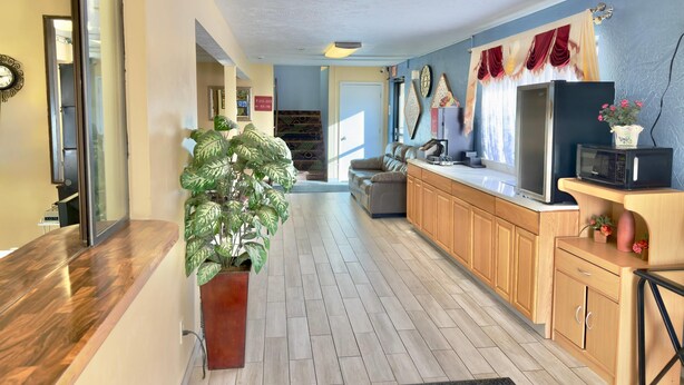 A modern kitchen with wooden cabinets, a built-in microwave, and a potted plant. - Econo Lodge Lansing - Leavenworth (Lansing)