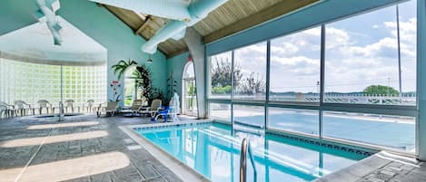 Indoor pool, outdoor pool, pool loungers