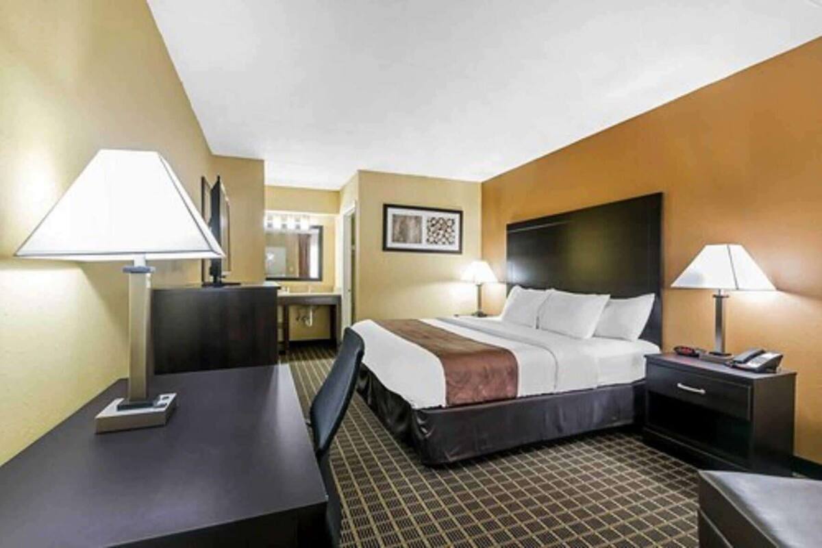 Quarto de hotel com uma cama, duas mesas de cabeceira com luminárias, uma escrivaninha e uma cadeira.