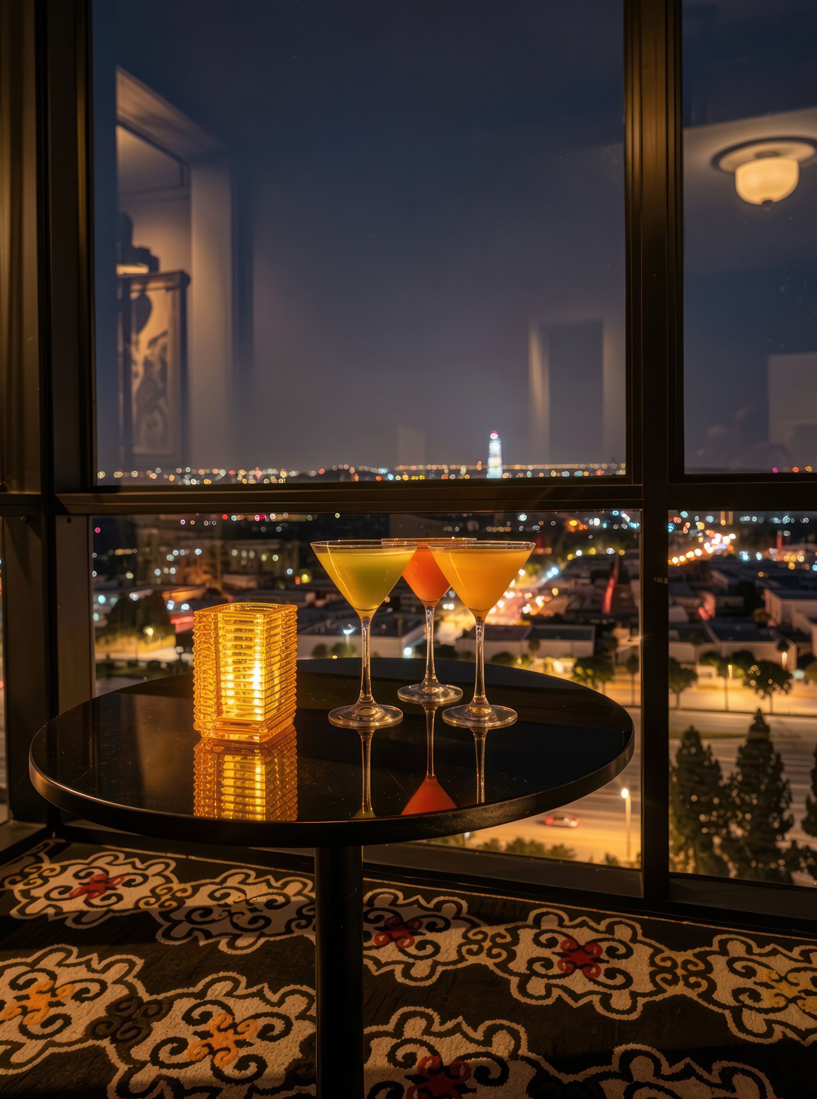 A table with three martini glasses and a candle, viewed through a window overlooking a cityscape at night.
