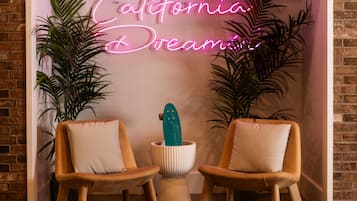 Una habitación con dos sillas de madera, un cactus en una maceta blanca y un letrero de neón que dice 'California Dreaming'.