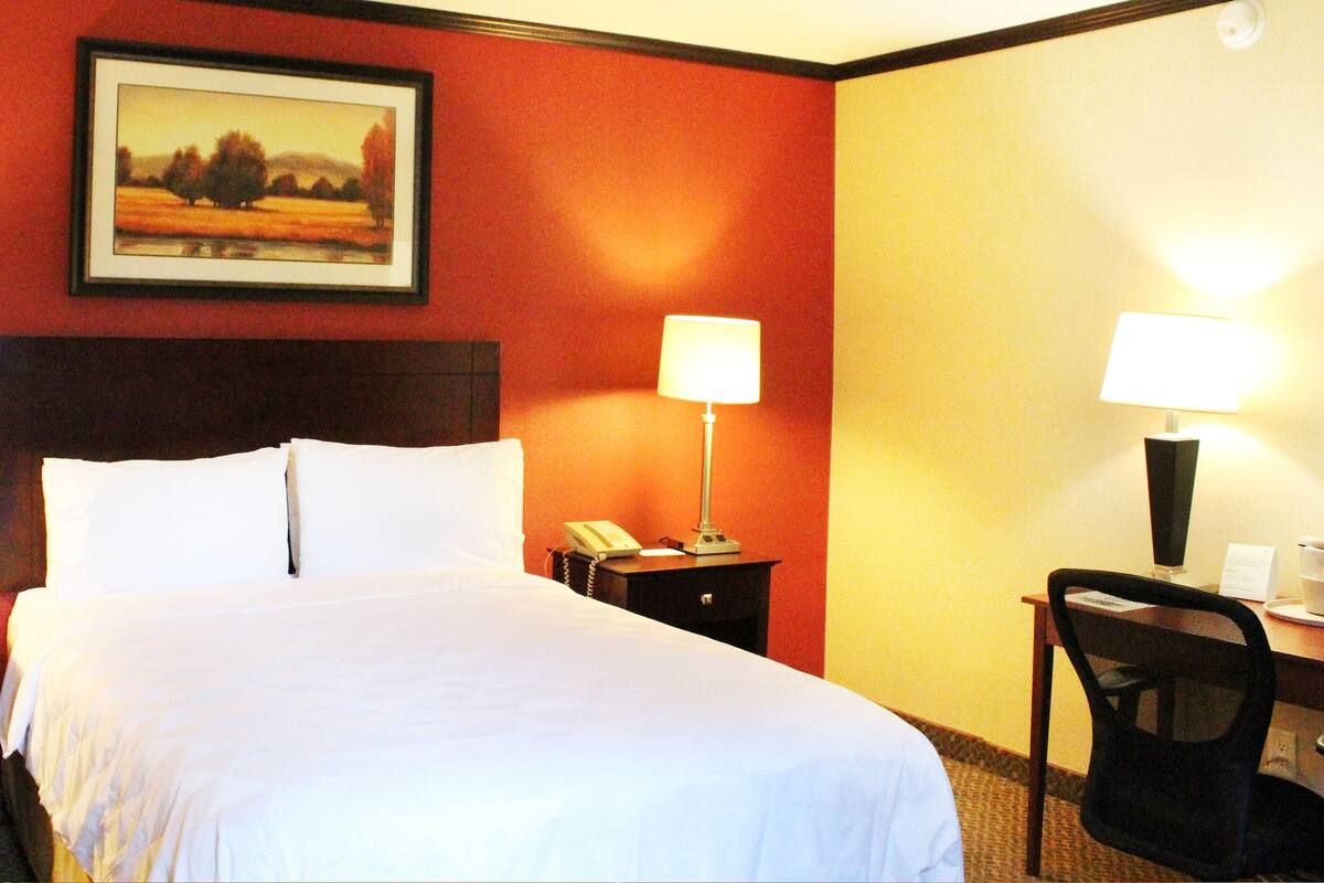 A hotel room with a large bed, two bedside tables with lamps, a desk with a chair, and a painting on the wall.