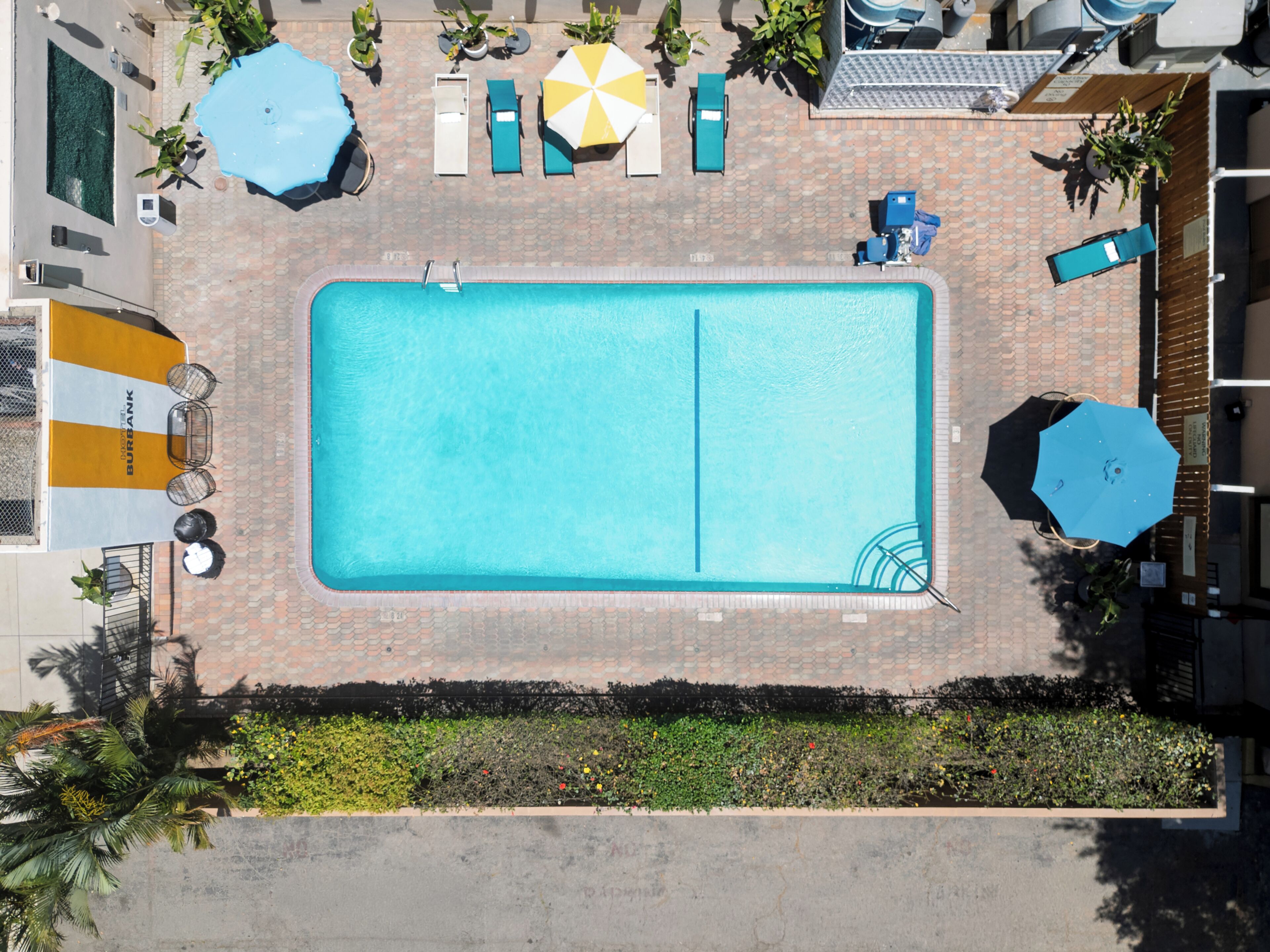 Vista aérea de una piscina con tumbonas y sombrillas, rodeada de vegetación y una zona pavimentada.