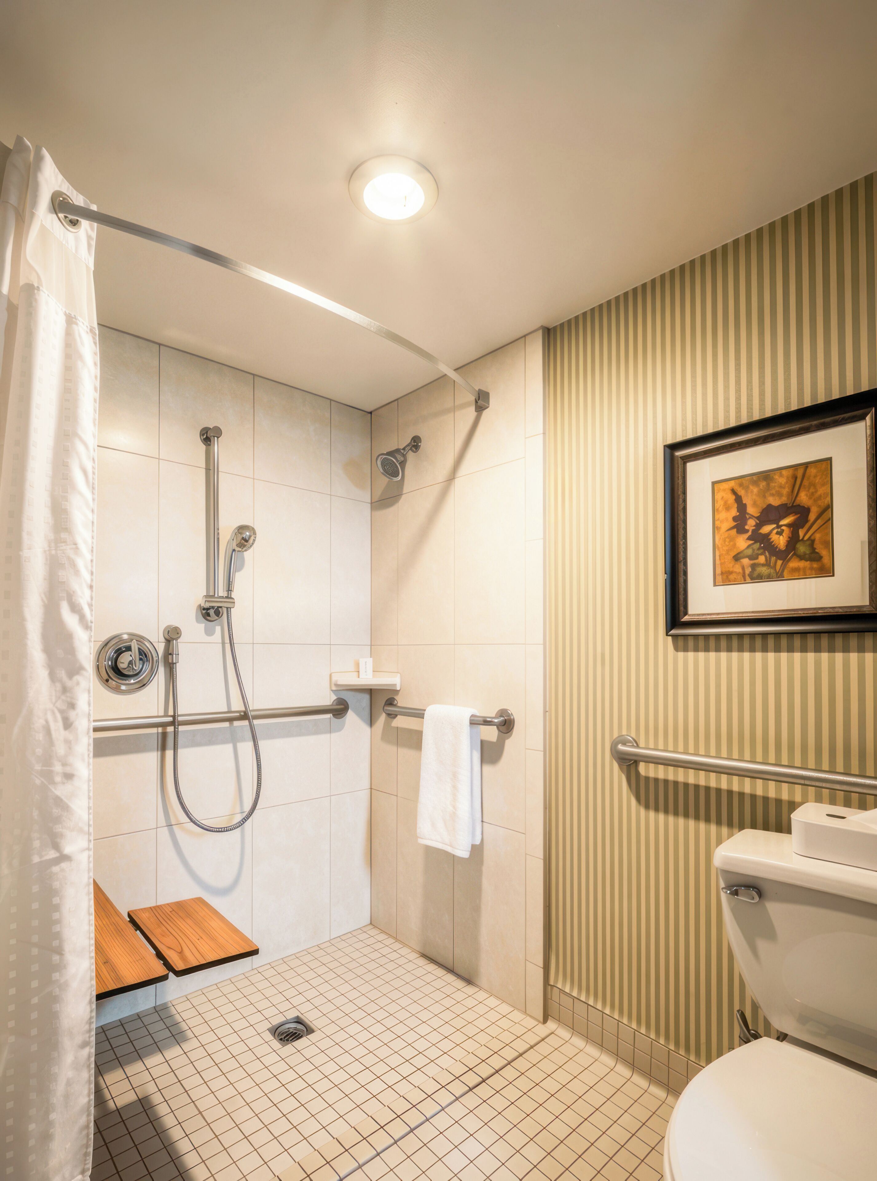 Un baño con ducha, inodoro y un cuadro en la pared.