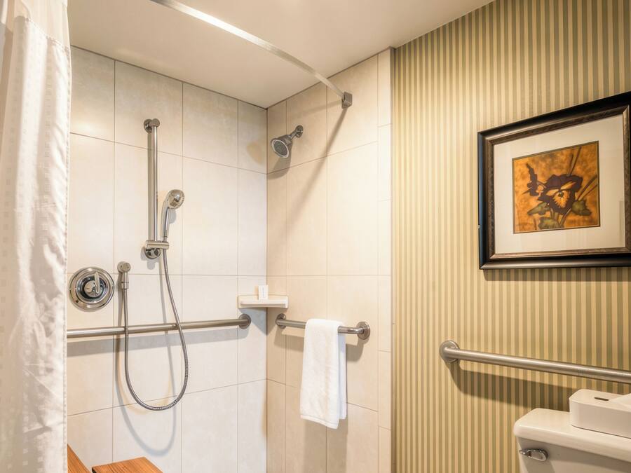 Un baño con ducha, inodoro y un cuadro en la pared.