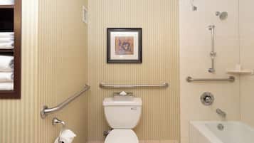 Un bagno con il water, un quadro appeso al muro, una zona doccia con maniglie di sostegno e una vasca da bagno.