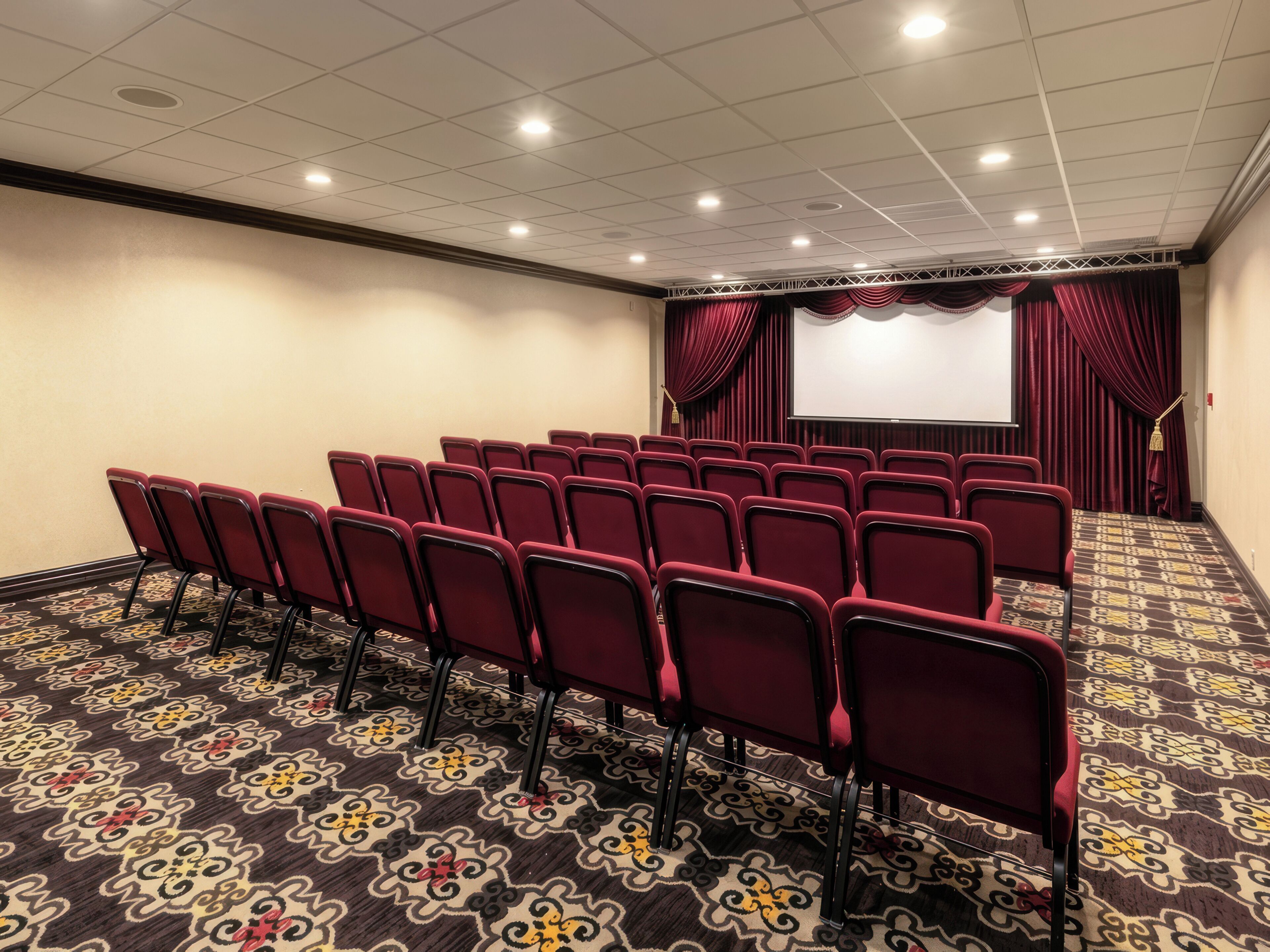 A conference room with rows of chairs, a projector screen, and a patterned carpet.