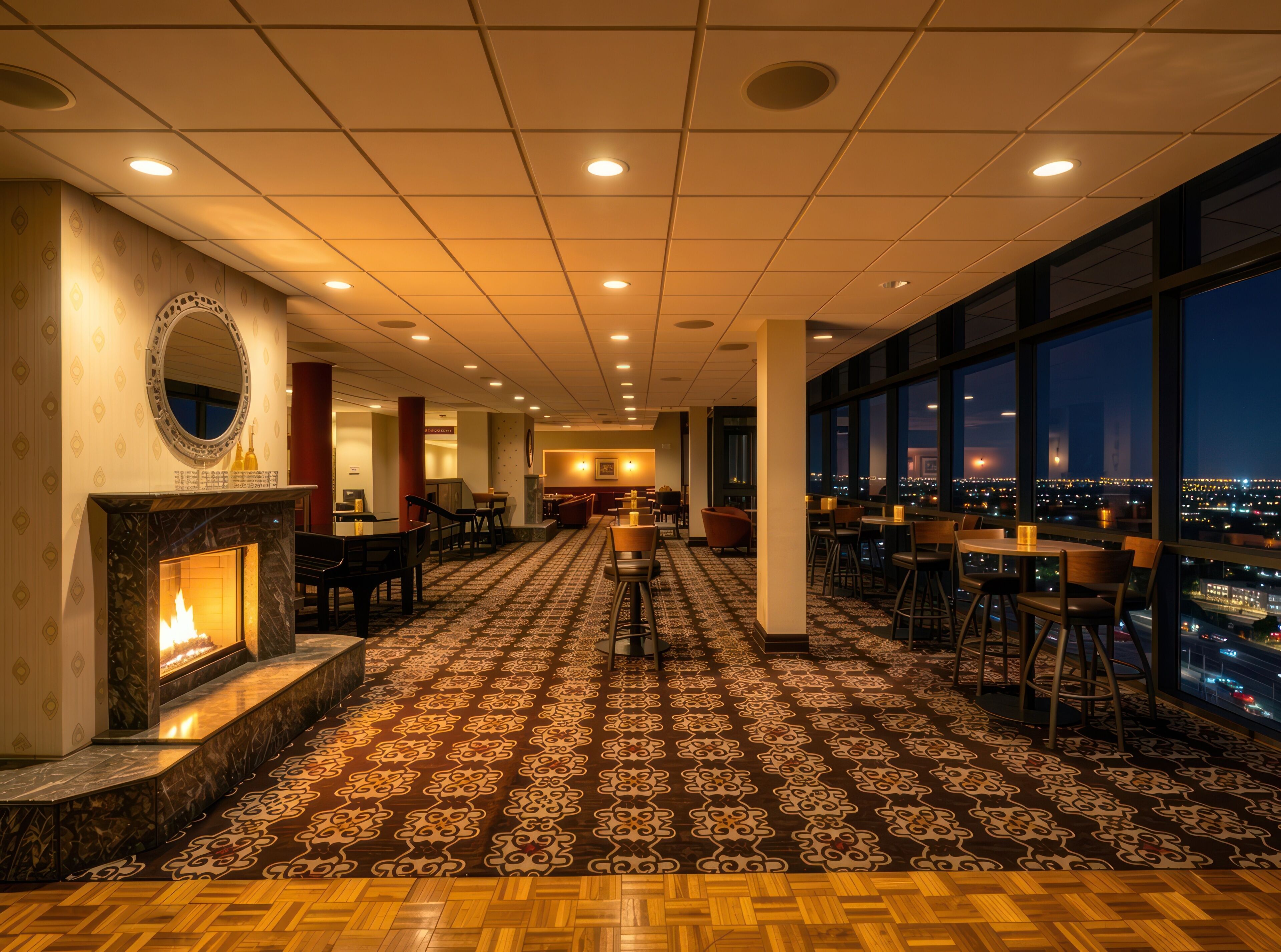 A hotel lobby with a fireplace, patterned carpet, and a bar area with seating.