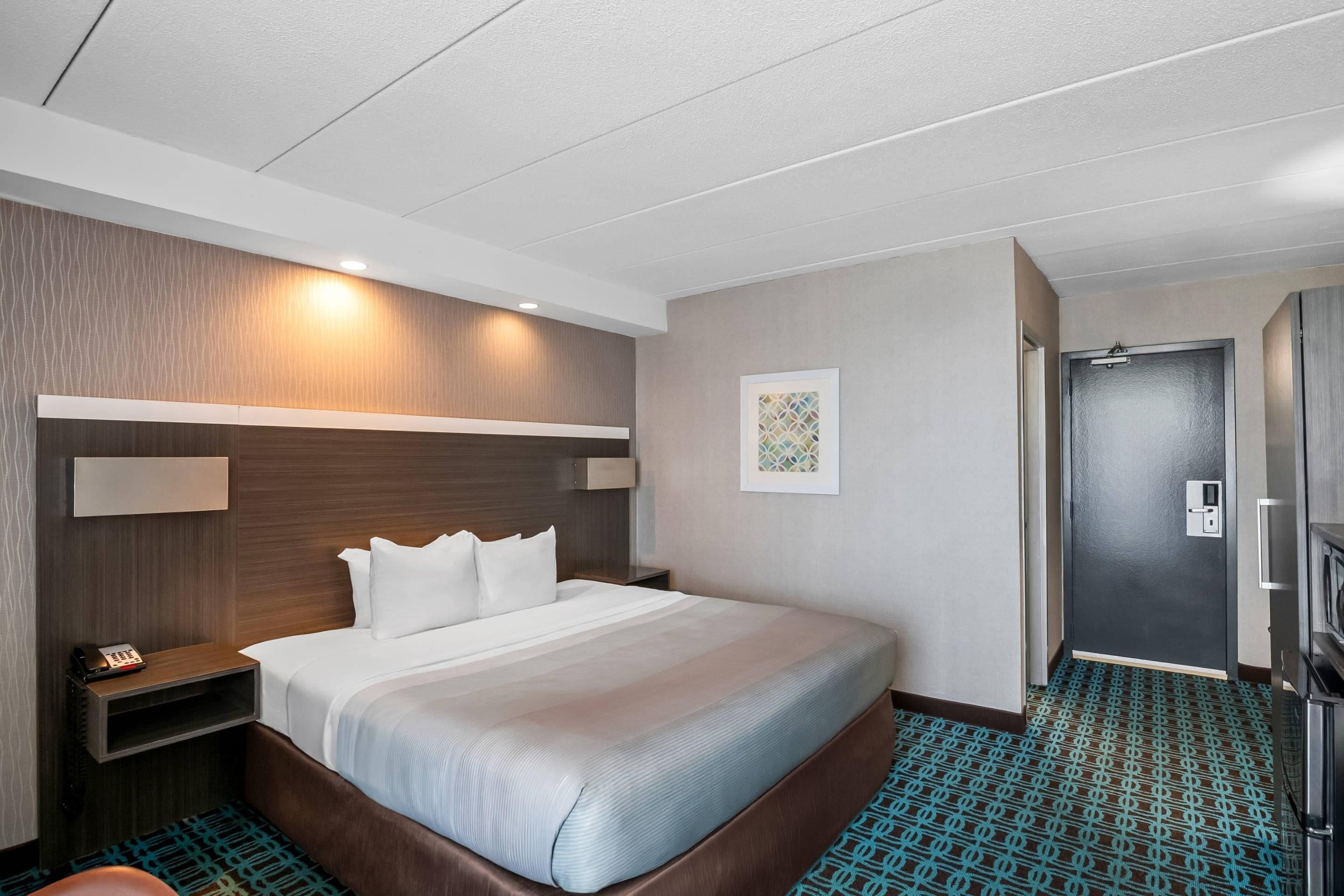 Una habitación de hotel con cama, mesitas de noche, teléfono, puerta y alfombra estampada.