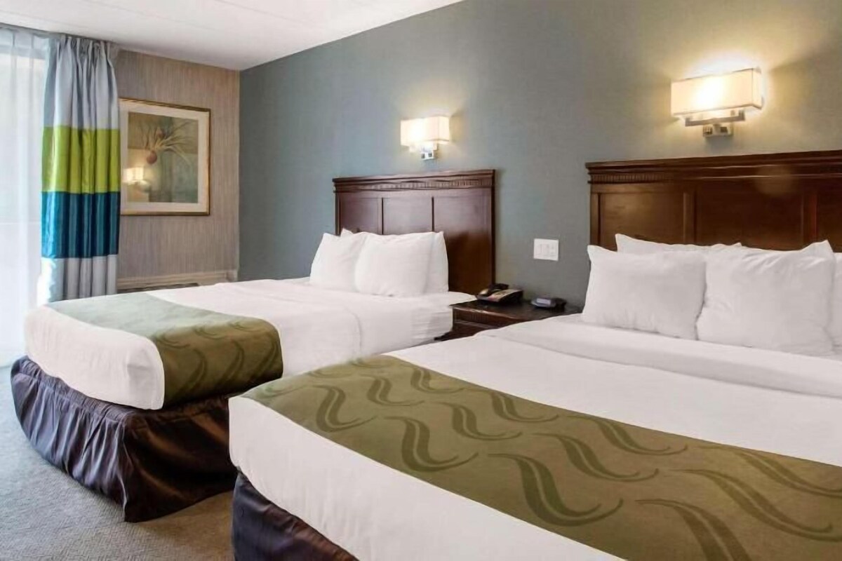 Habitación de hotel con dos camas, una mesita de noche, una lámpara y una ventana con cortinas.