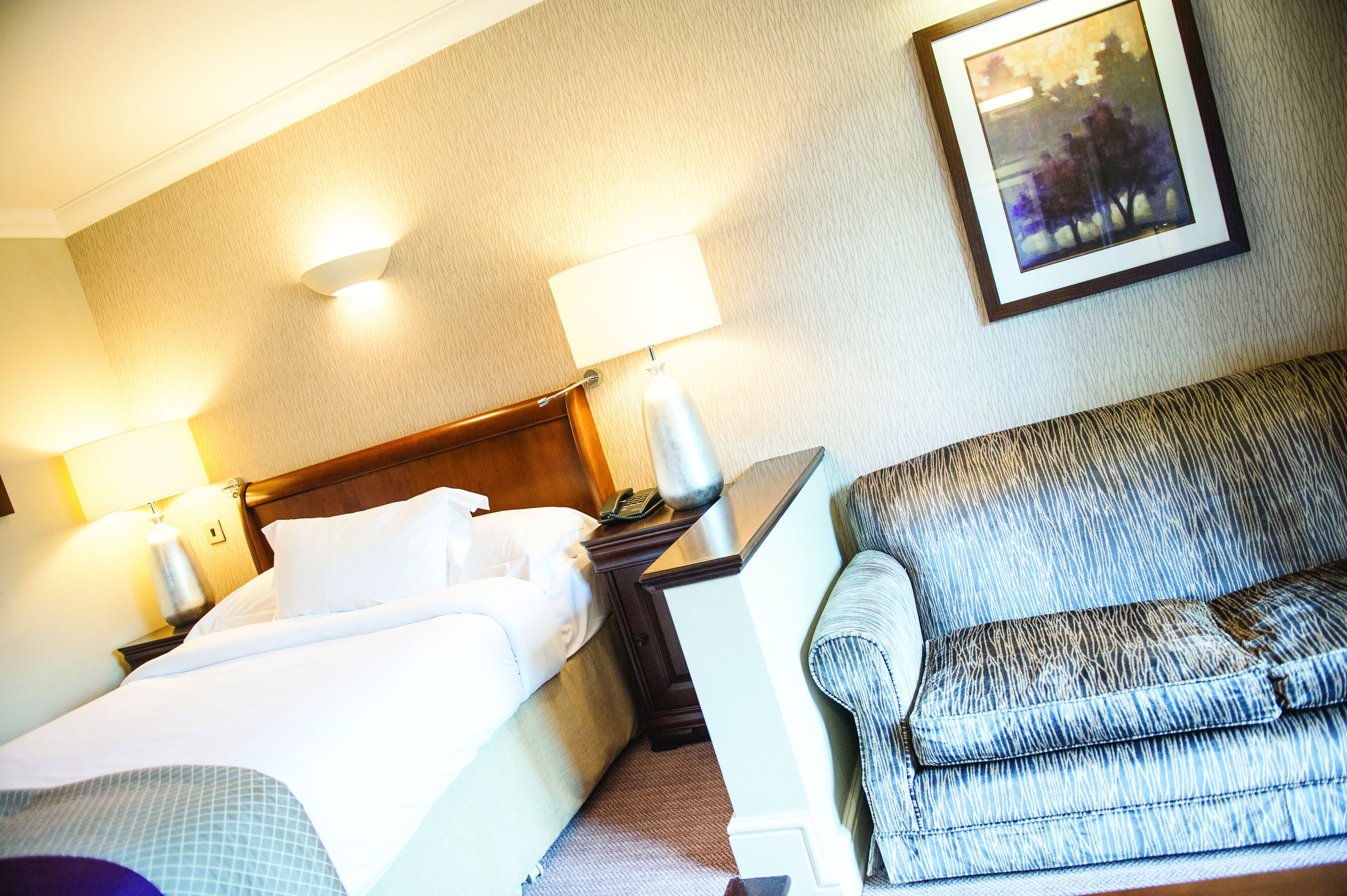 A hotel room with a bed, a nightstand with a lamp, a sofa, and a framed picture on the wall.