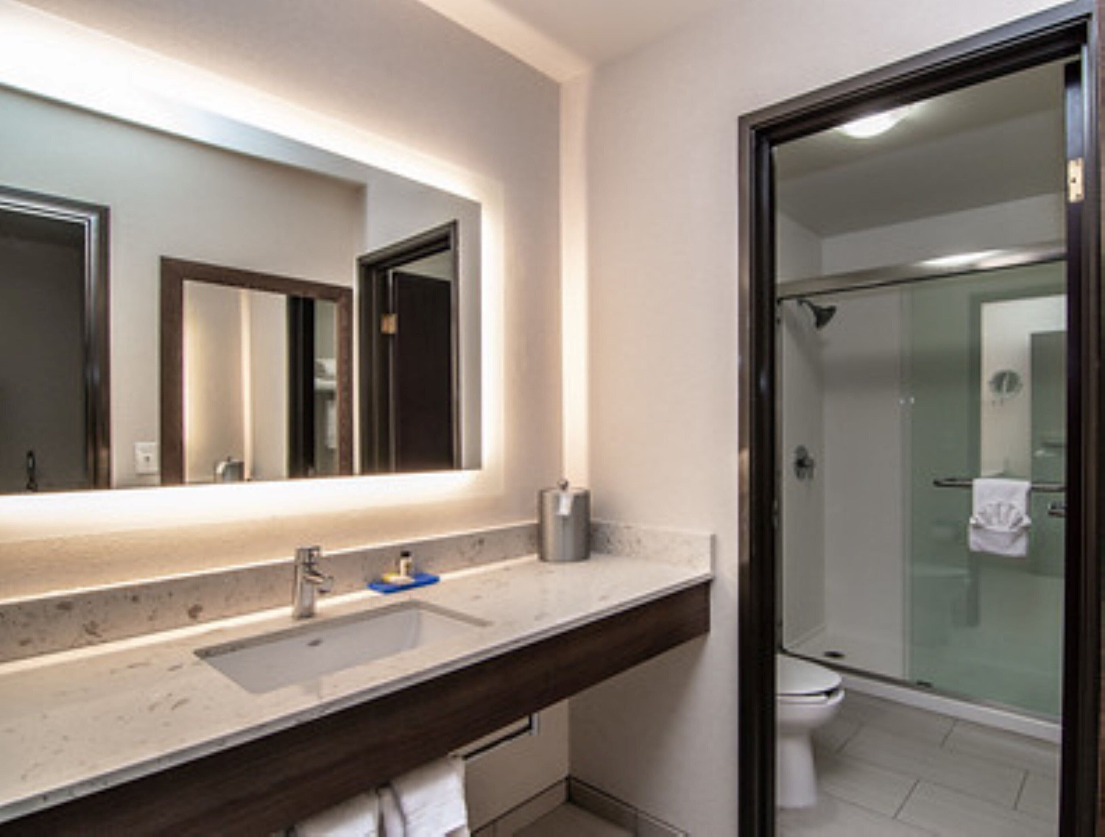 A bathroom with a large mirror, a sink, and a glass-enclosed shower.
