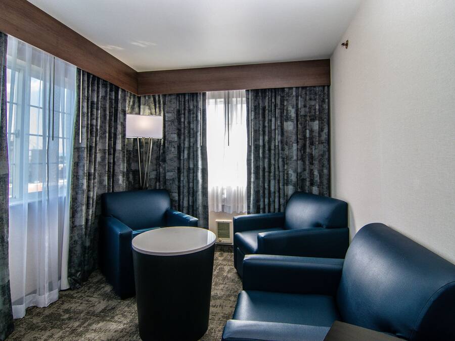 Habitación de hotel con un sofá azul oscuro, una mesa de centro redonda y un ventanal con cortinas translúcidas.