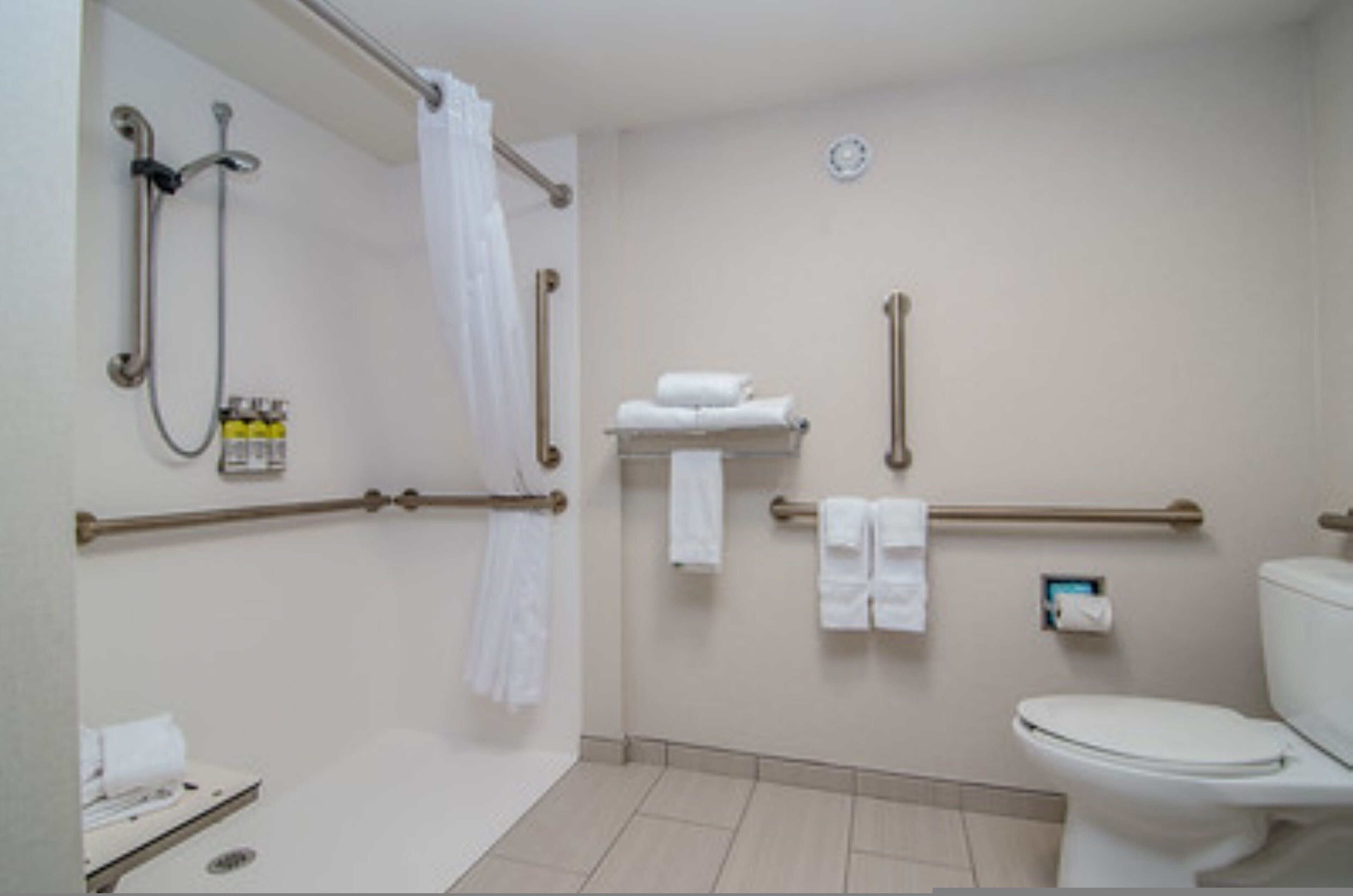 A bathroom with a toilet, a shower with grab bars, and a towel rack.