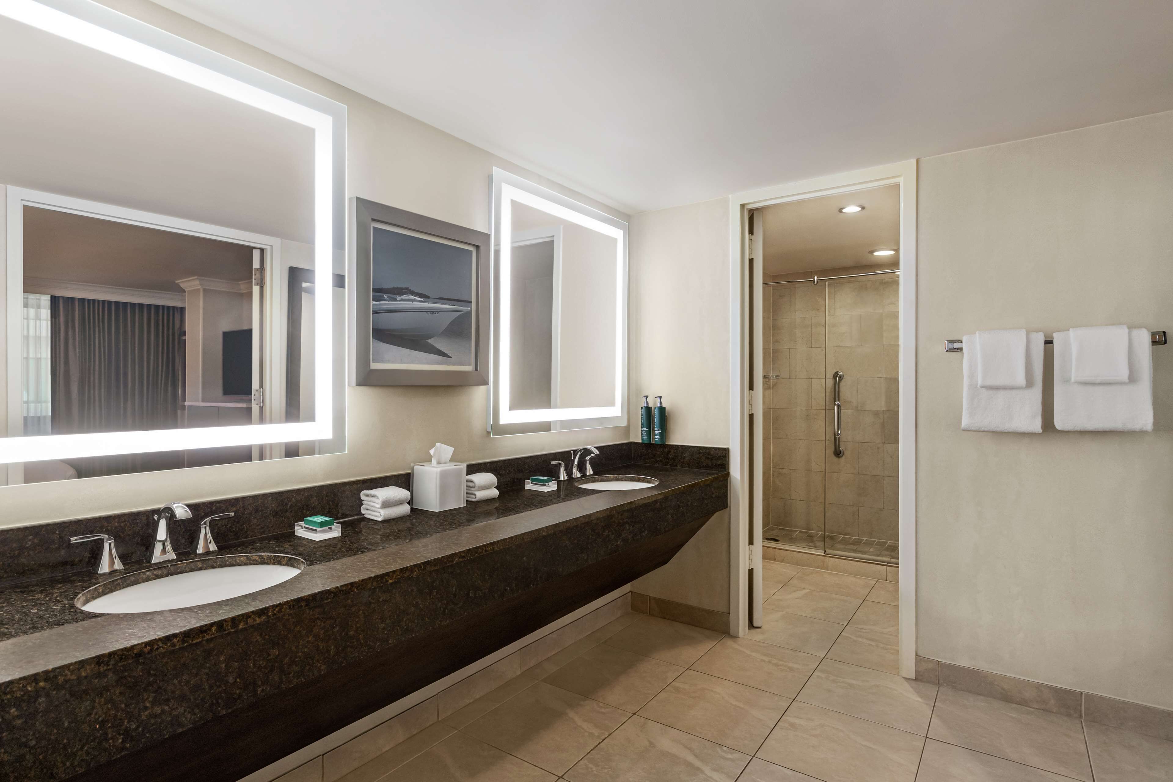 A modern bathroom with a dark granite countertop, two sinks, and a large mirror with integrated lighting.