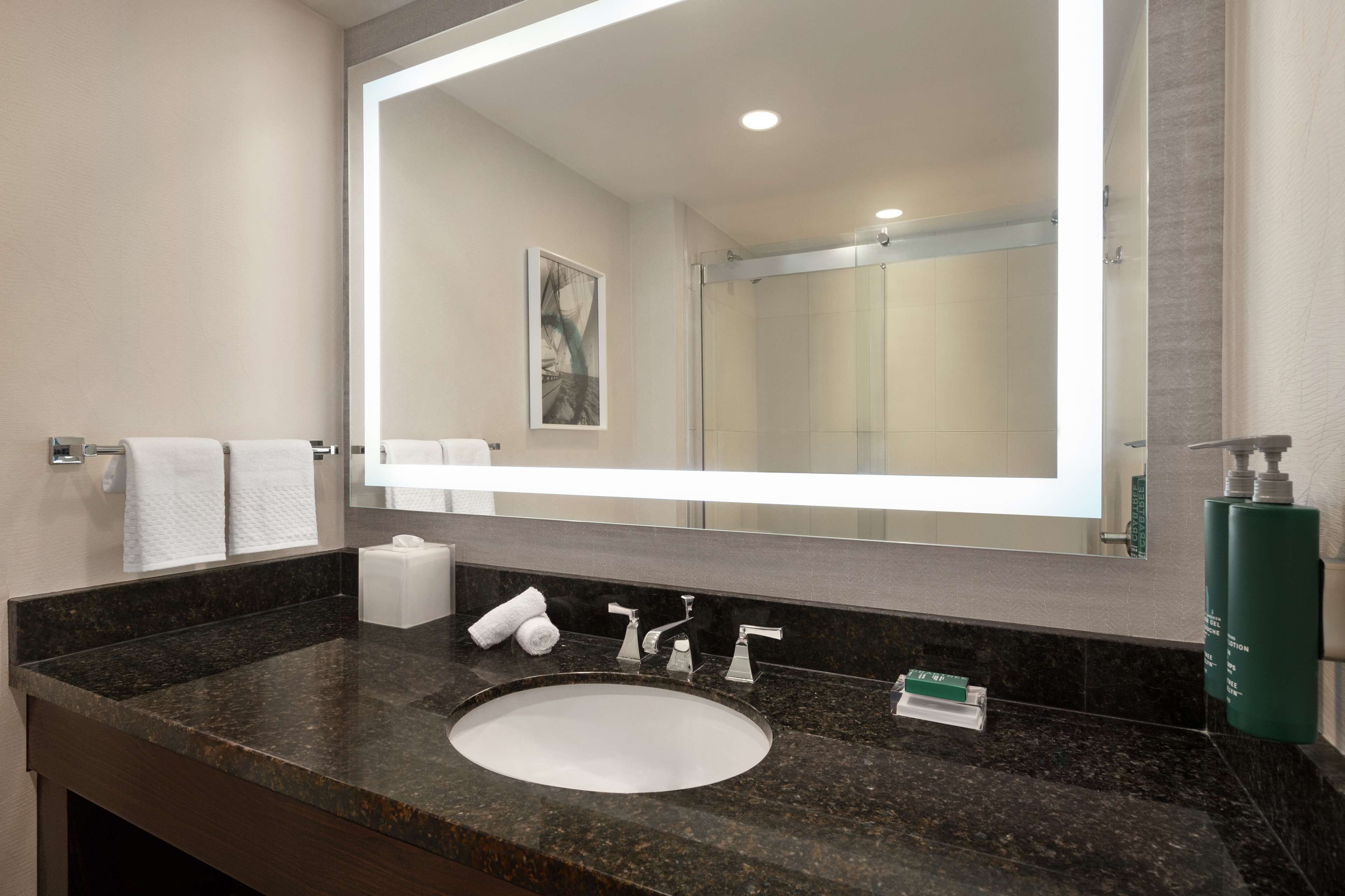 A bathroom with a large mirror, a sink, and a shower.