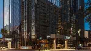 Ett Hilton-hotell med en modern fasad av glas, flera flaggor och upplyst skyltning.