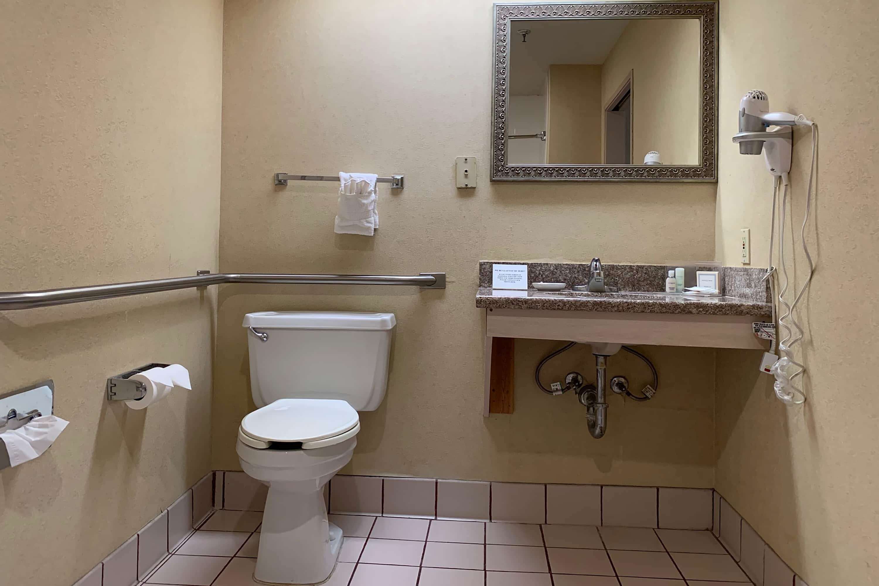 Une petite salle de bain comprenant des toilettes, un lavabo, un miroir et un porte-serviettes.