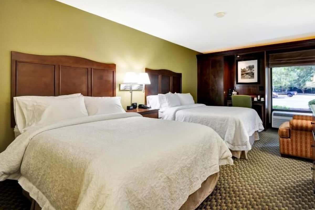 A hotel room with two beds, a nightstand with a lamp, a chair, and a view of the outdoors.