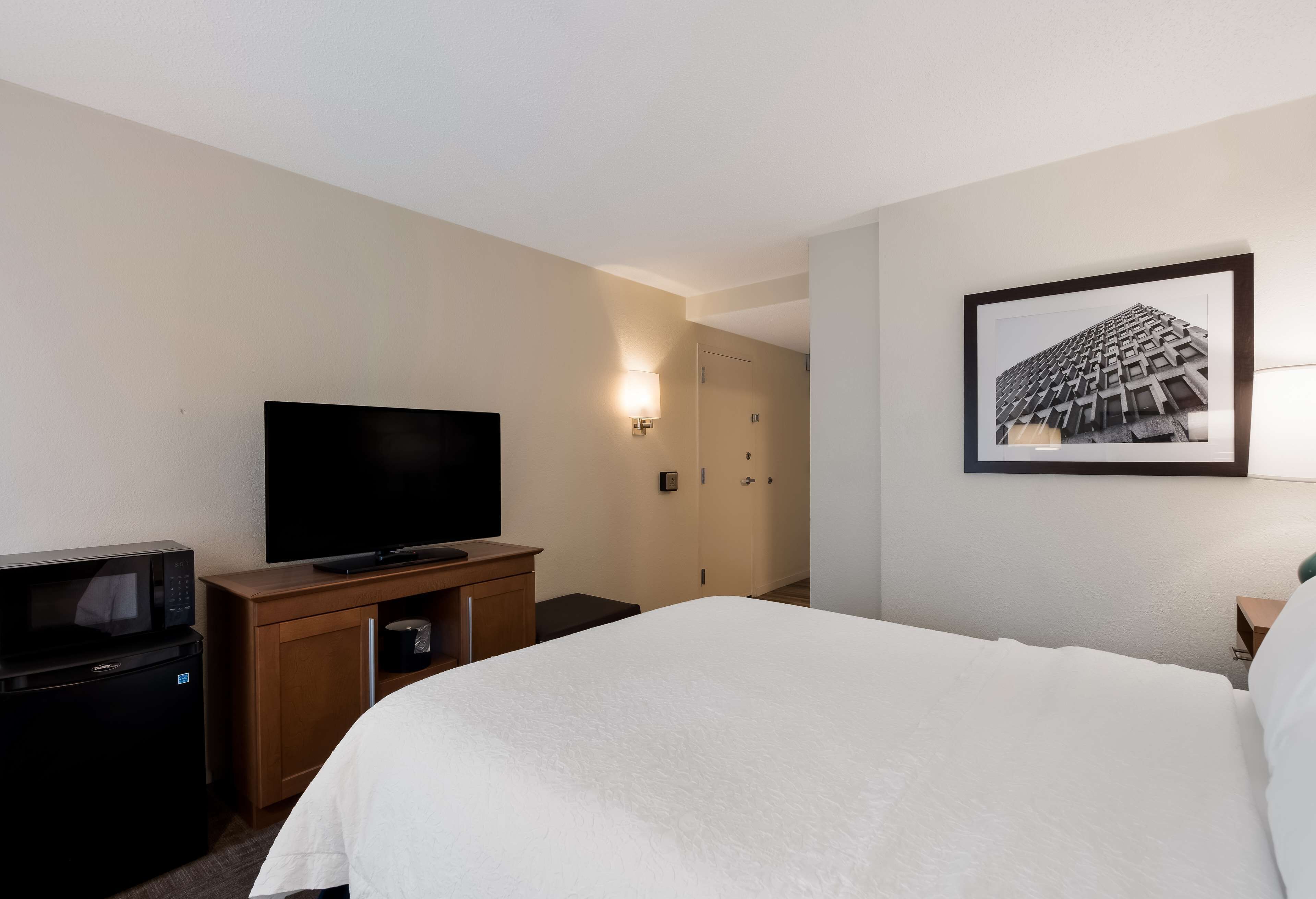 Een hotelkamer met een bed, een televisie, een magnetron, een kast en een lijst op de muur.