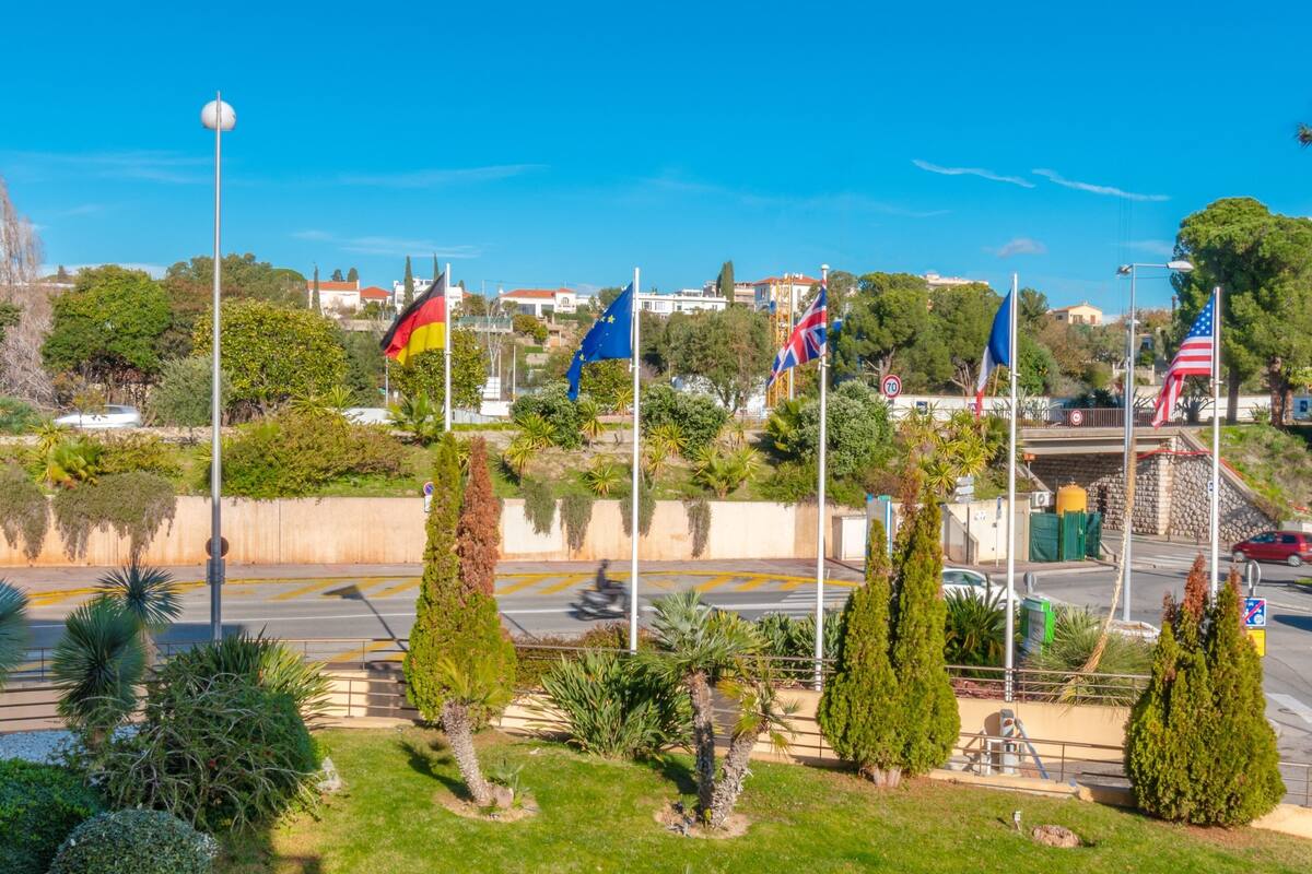 A street view with multiple flags, palm trees, and a clear blue sky.