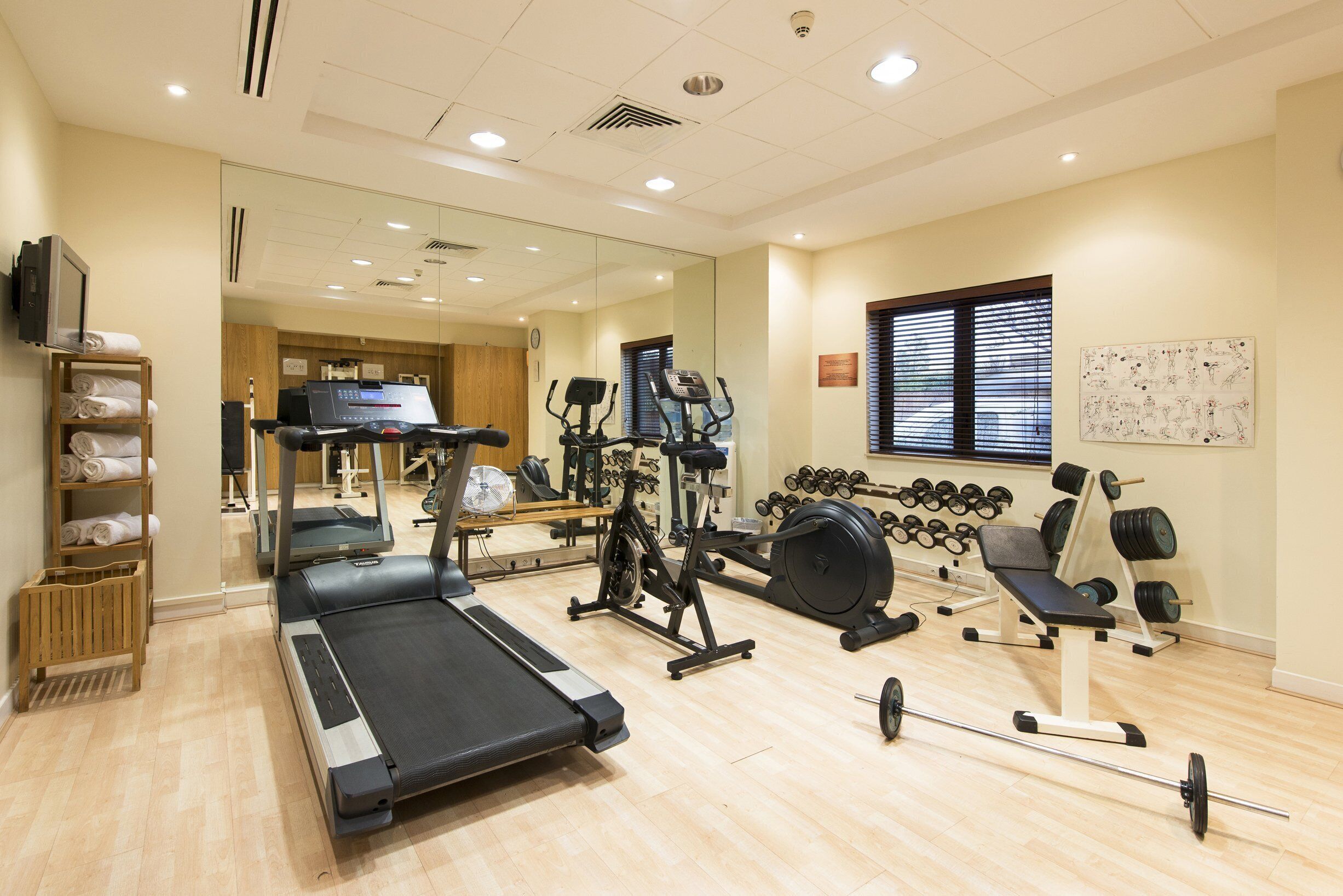 A gym with a treadmill, elliptical, weight bench, and various exercise equipment.