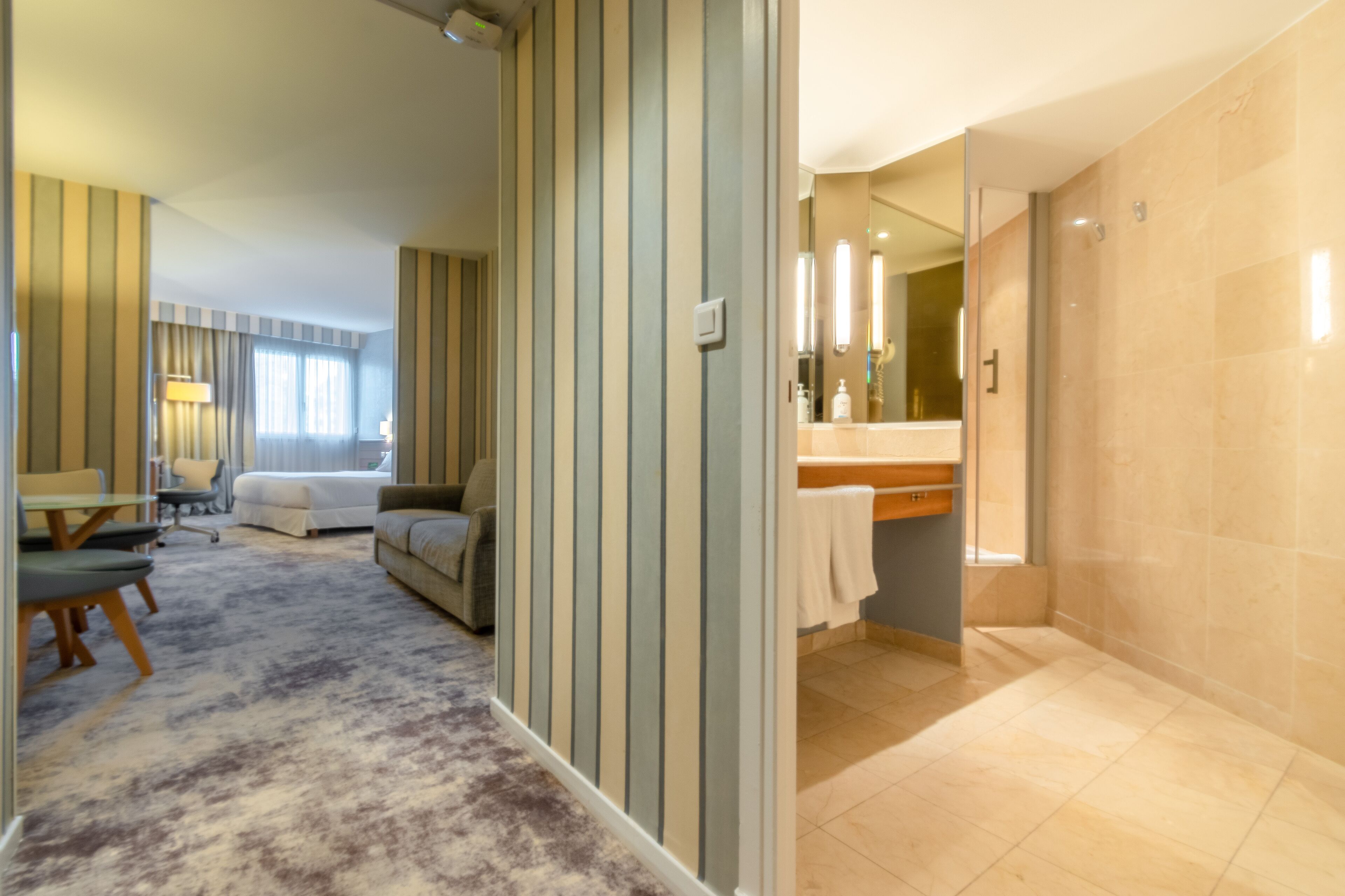 Hotelkamer met een bed, bureau, stoel, bank, badkamer met spiegel en wastafel, en douche.