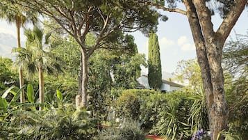 A lush garden with a variety of trees and plants, a pathway, and a building in the background.