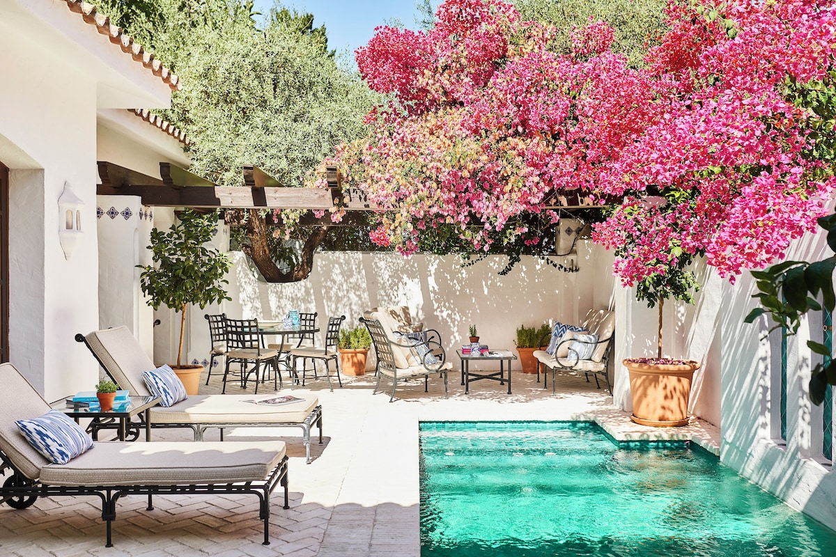 A poolside area with lounge chairs, a table, and potted plants.