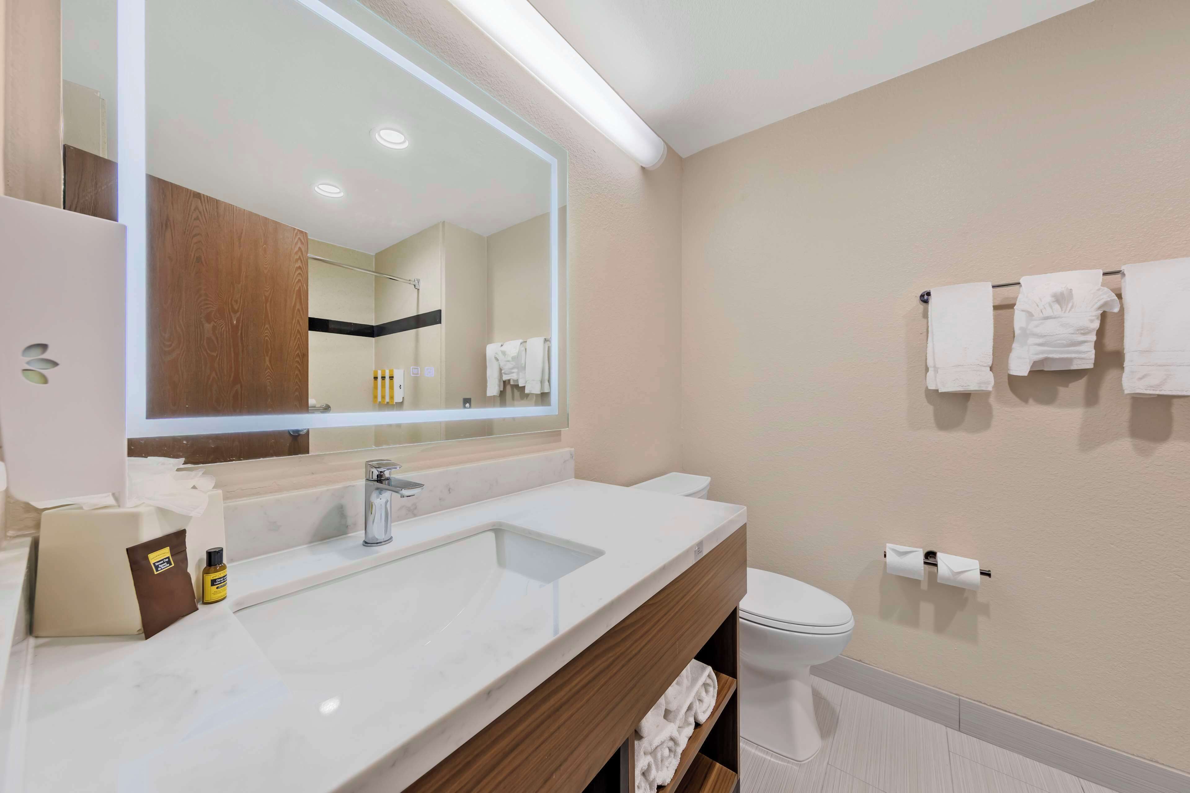 Un baño moderno con un espejo grande, un lavabo y un inodoro.