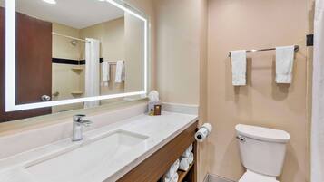 Un bany modern amb un mirall gran, un lavabo, un vàter i una zona de banyera.
