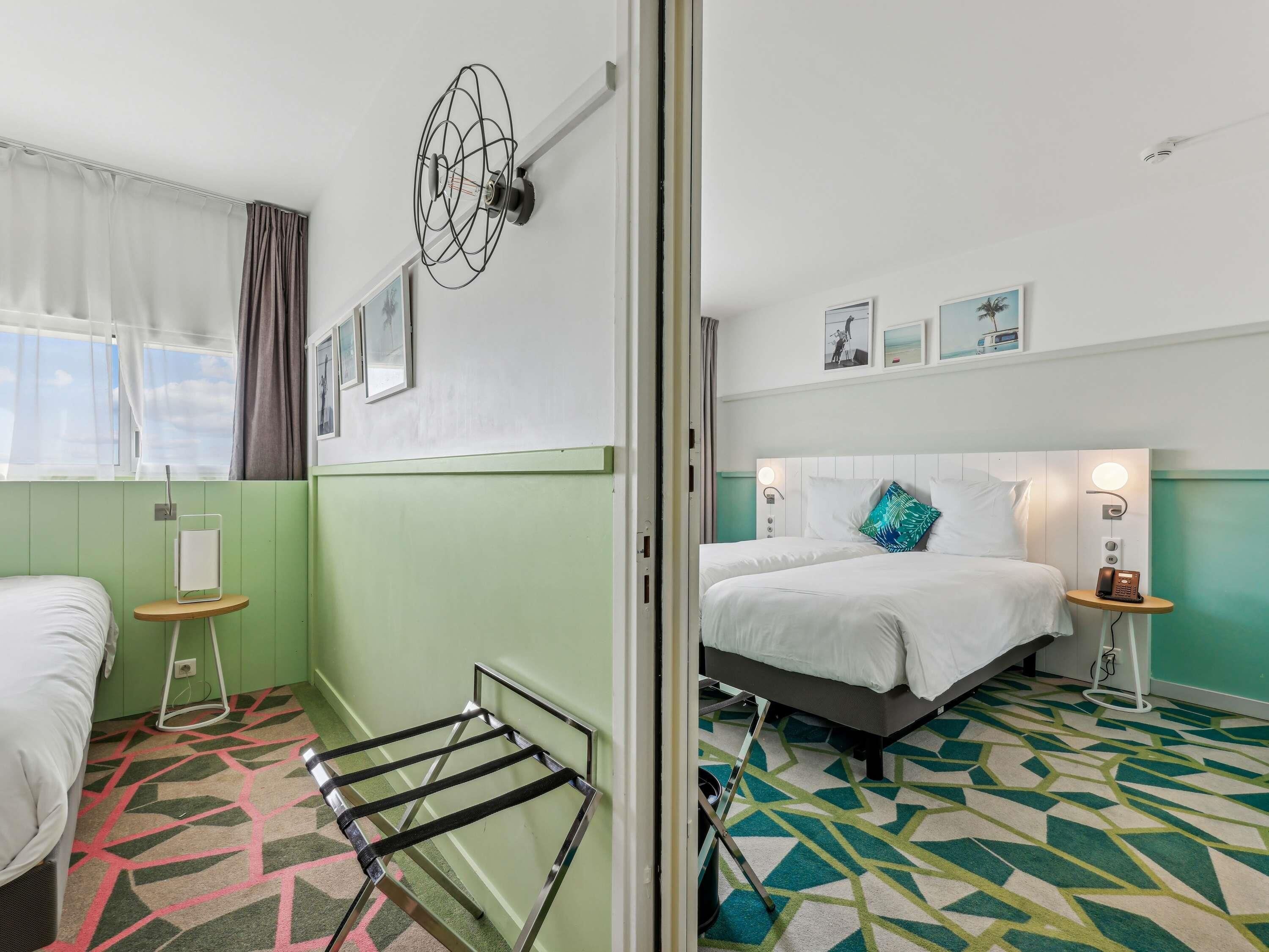 Premium bedding, desk, laptop workspace, soundproofing