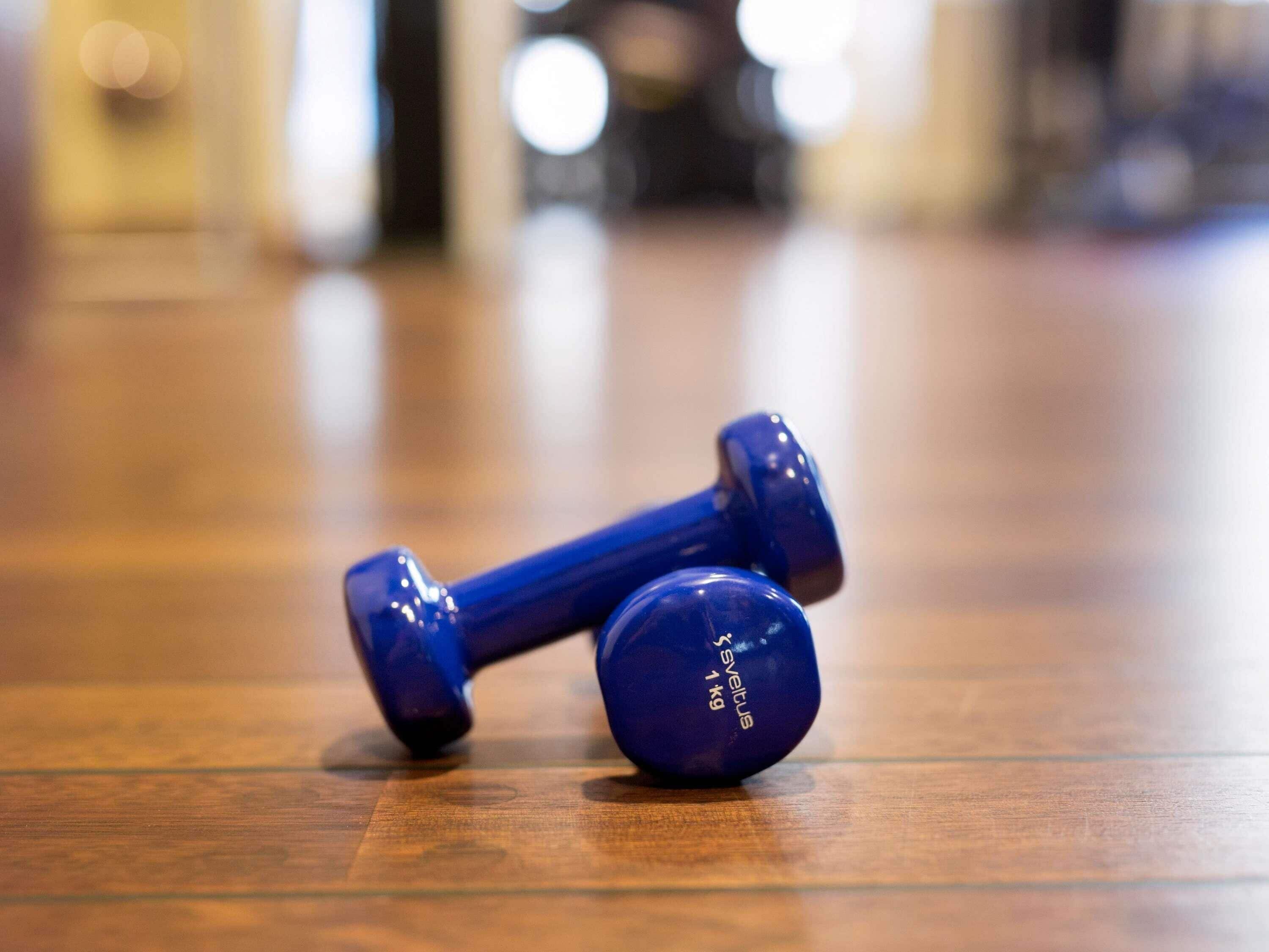 A pair of blue dumbbells on a wooden floor.