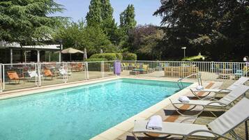 Seasonal outdoor pool, pool umbrellas, sun loungers