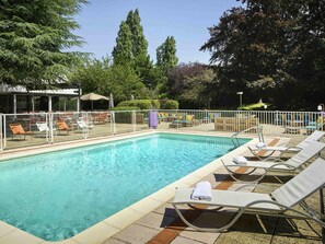 Seasonal outdoor pool, pool umbrellas, pool loungers