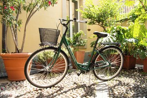 Een groene fiets met een mandje en zitting, geparkeerd op een grindpad met potplanten en een gebouw op de achtergrond.