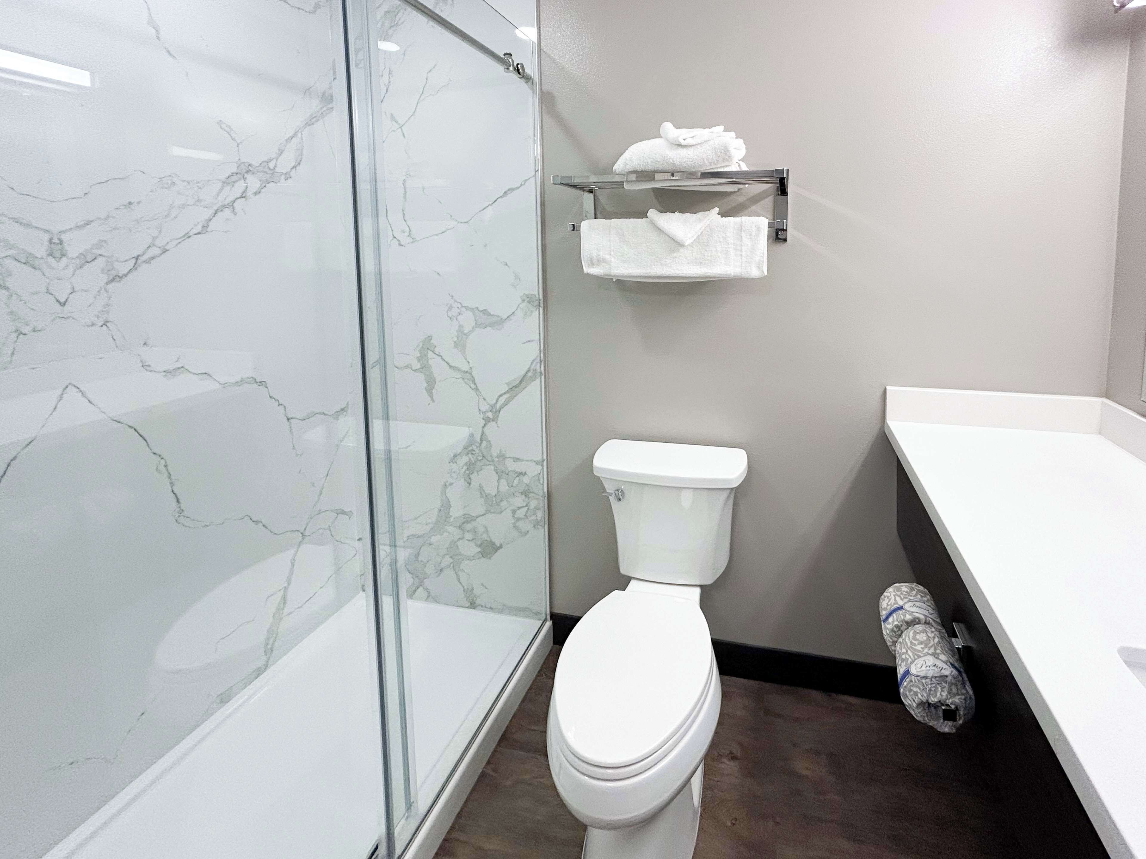 Eco-friendly toiletries, towels, shampoo, toilet paper