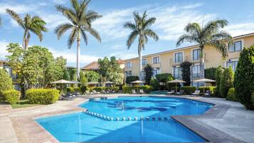 Piscina com espreguiçadeiras e guarda-sóis, cercada por palmeiras e um edifício com varandas.