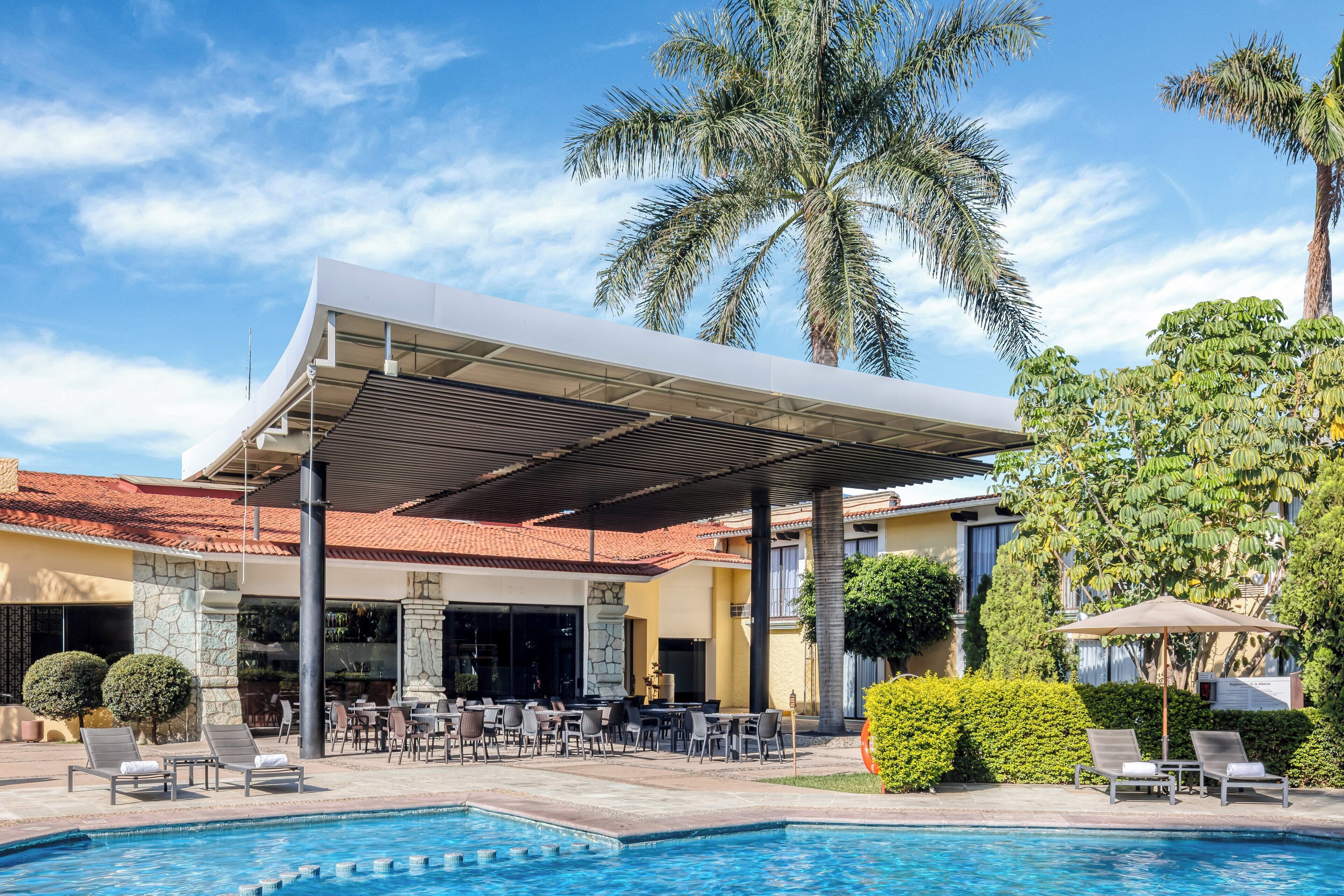 A poolside area with lounge chairs, a covered patio, and a palm tree.