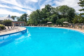 Seasonal outdoor pool, pool umbrellas, pool loungers